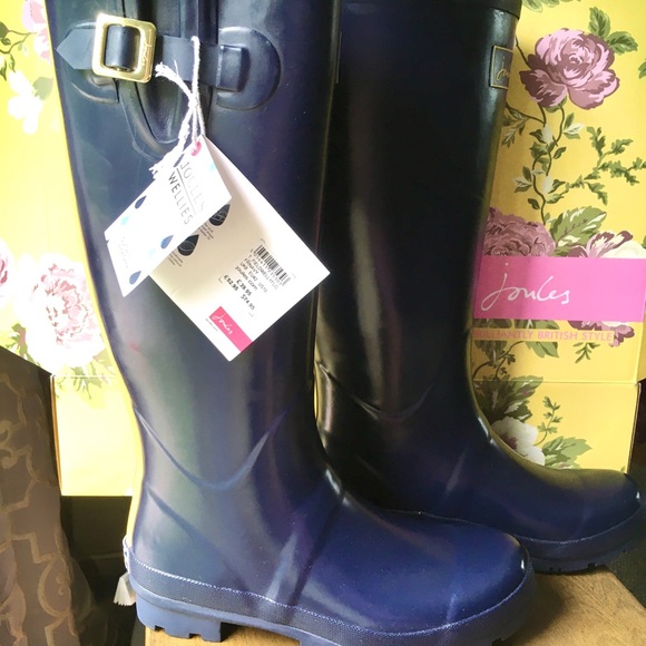 Joules Shoes - Joules Rain Boots, Navy w/ Yellow Stripes, Size 10